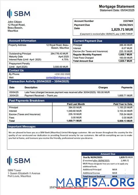 Premium Mauritius SBM Bank (Mauritius) Limited Hypothek Kontoauszug Word and PDF Vorlage