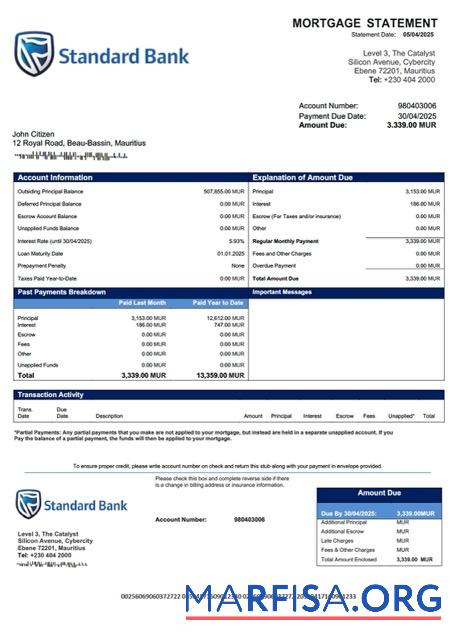 Hohe Qualität Mauritius Standard Bank (Mauritius) Limited Hypothek Kontoauszug Word and PDF Vorlage