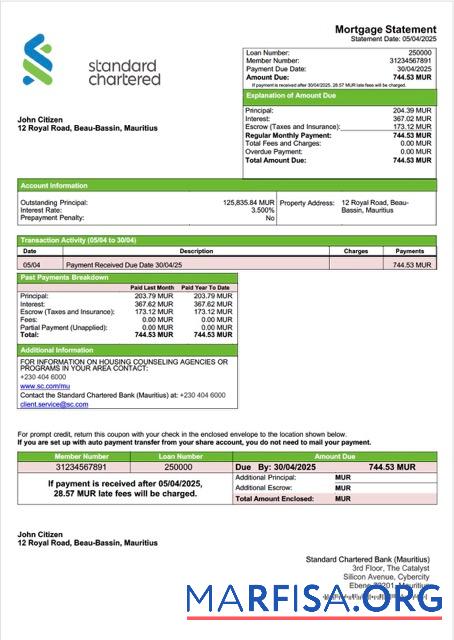 Premium Mauritius Standard Chartered Bank (Mauritius) Hypothek Kontoauszug Word and PDF Vorlage