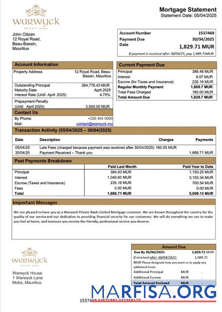 Professionell Mauritius Warwyck Private Bank Limited Hypothek Kontoauszug Word and PDF Vorlage