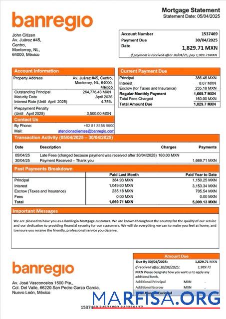 Premium Mexiko BanRegio Hypothek Kontoauszug Word and PDF Vorlage