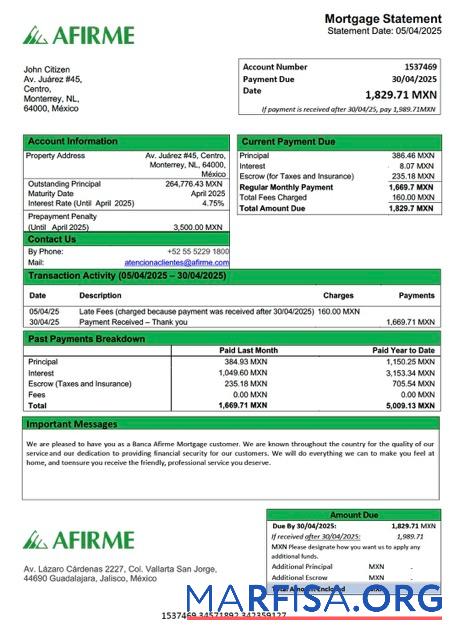 Premium Mexiko Banca Afirme Hypothek Kontoauszug Word and PDF Vorlage