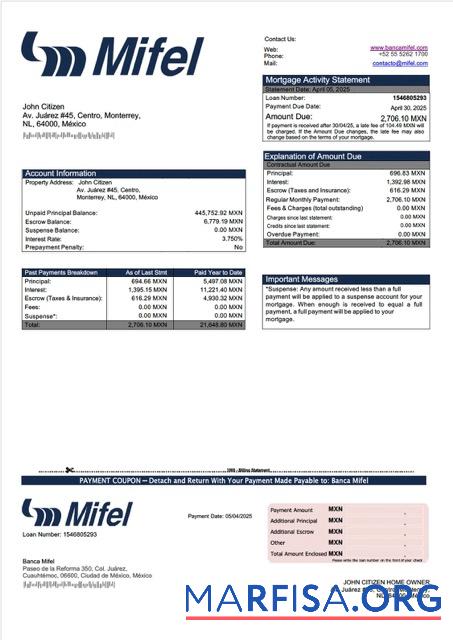 Bearbeitbar Mexiko Banca Mifel Hypothek Kontoauszug Word and PDF Vorlage