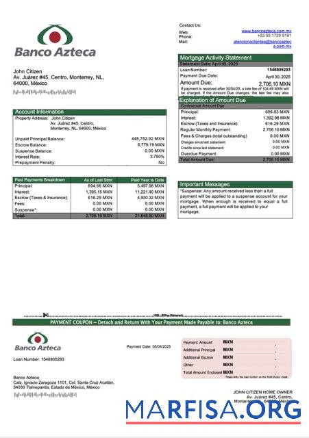 Professionell Mexiko Banco Azteca Hypothek Kontoauszug Word and PDF Vorlage