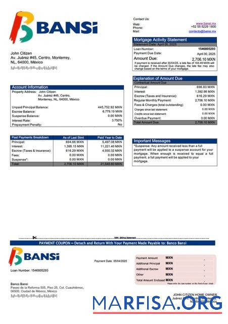 Realistisch Mexiko Banco Bansi Hypothek Kontoauszug Word and PDF Vorlage