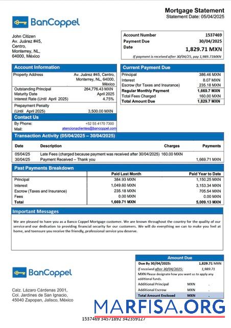 Realistisch Mexiko Banco Coppel Hypothek Kontoauszug Word and PDF Vorlage