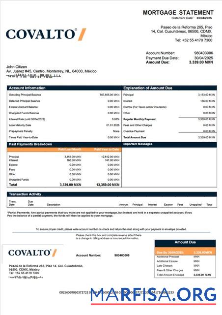 Realistisch Mexiko Banco Covalto Hypothek Kontoauszug Word and PDF Vorlage