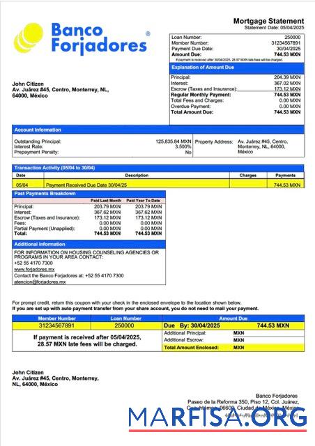 Hohe Qualität Mexiko Banco Forjadores Hypothek Kontoauszug Word and PDF Vorlage