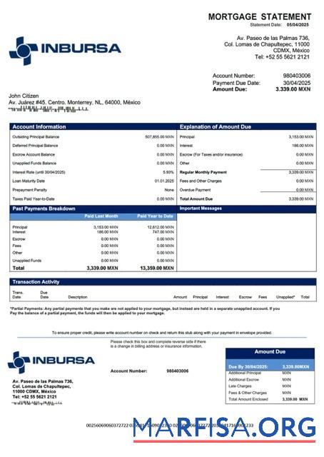 Hohe Qualität Mexiko Banco Inbursa Hypothek Kontoauszug Word and PDF Vorlage