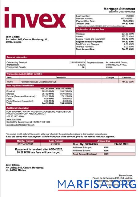 Hohe Qualität Mexiko Banco Invex Hypothek Kontoauszug Word and PDF Vorlage