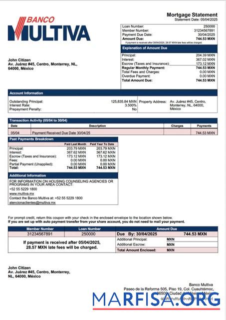 Realistisch Mexiko Banco Multiva Hypothek Kontoauszug Word and PDF Vorlage