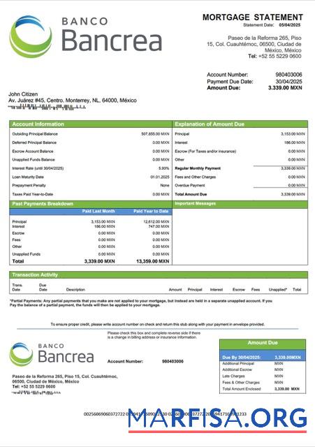Hohe Qualität Mexiko Bancrea Hypothek Kontoauszug Word and PDF Vorlage