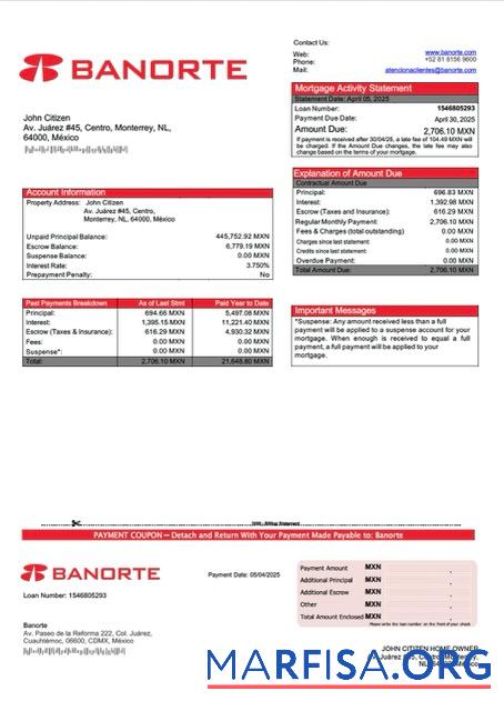 Premium Mexiko Banorte Hypothek Kontoauszug Word and PDF Vorlage