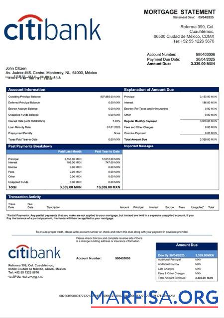 Professionell Mexiko Citibank Mexiko Hypothek Kontoauszug Word and PDF Vorlage