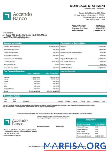 Bearbeitbar Mexiko┬áAccendo Banco Hypothek Kontoauszug Word and PDF Vorlage