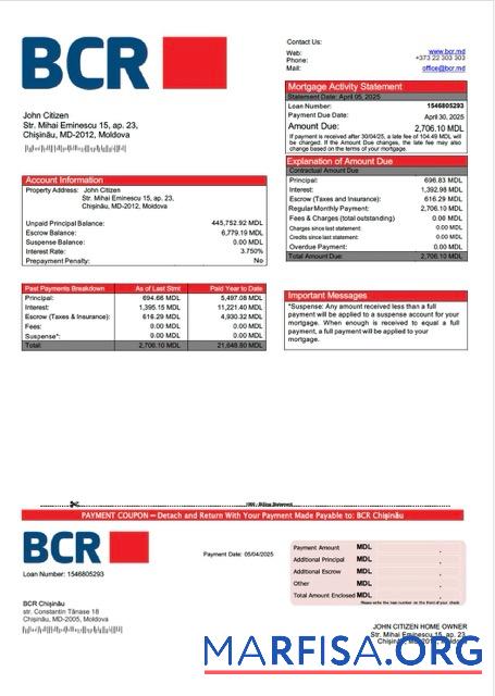 Premium Moldawien BCR Chis╠ªina╠åu Hypothek Kontoauszug Word and PDF Vorlage