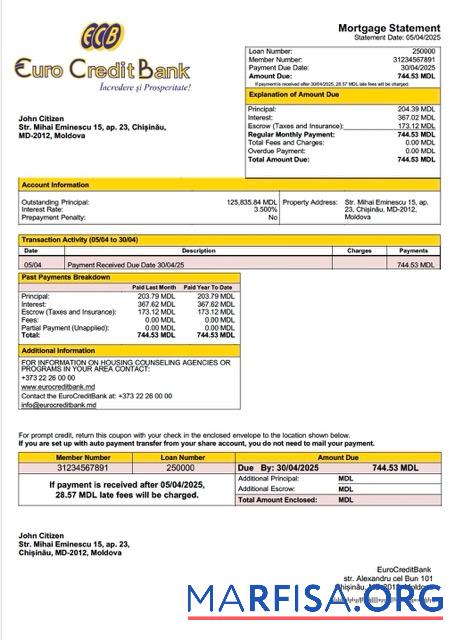 Premium Moldawien EuroCreditBank Hypothek Kontoauszug Word and PDF Vorlage
