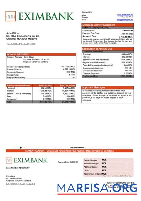 Realistisch Moldawien EximBank Hypothek Kontoauszug Word and PDF Vorlage