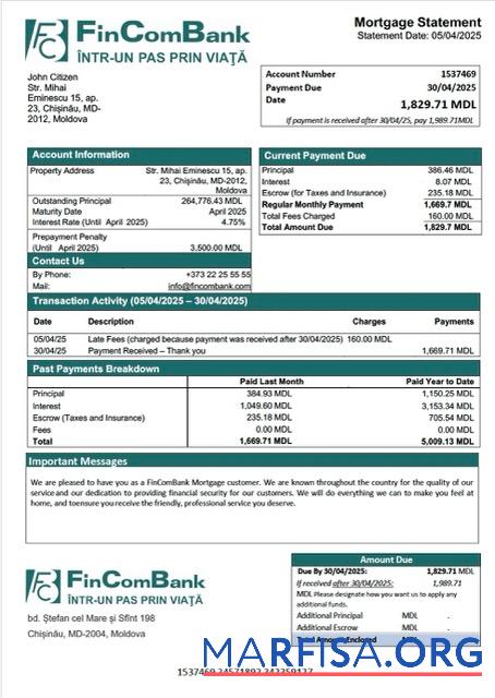 Realistisch Moldawien FinComBank Hypothek Kontoauszug Word and PDF Vorlage