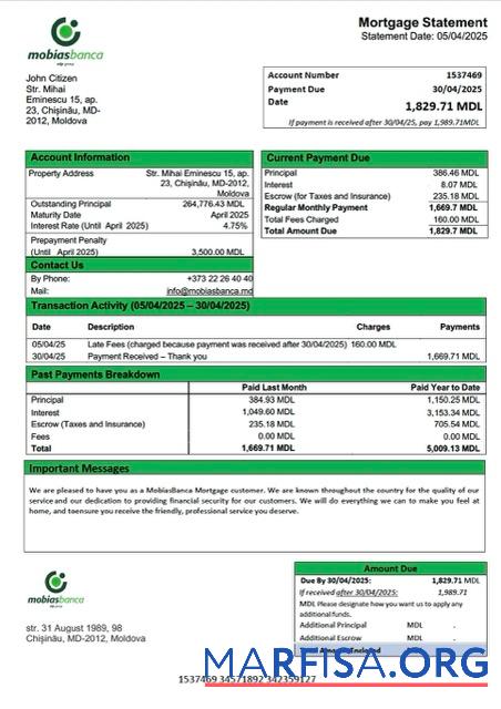 Realistisch Moldawien MobiasBanca┬áHypothek Kontoauszug Word and PDF Vorlage