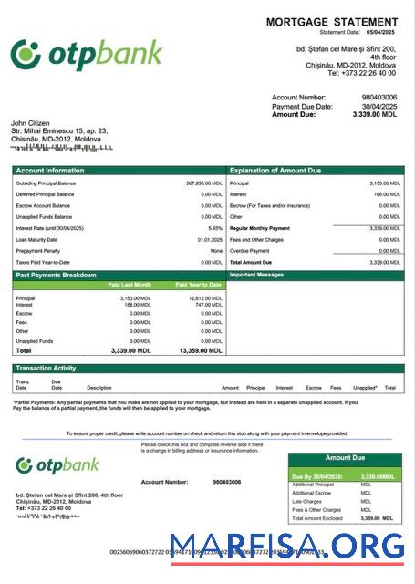 Hohe Qualität Moldawien OTP Bank Hypothek Kontoauszug Word and PDF Vorlage