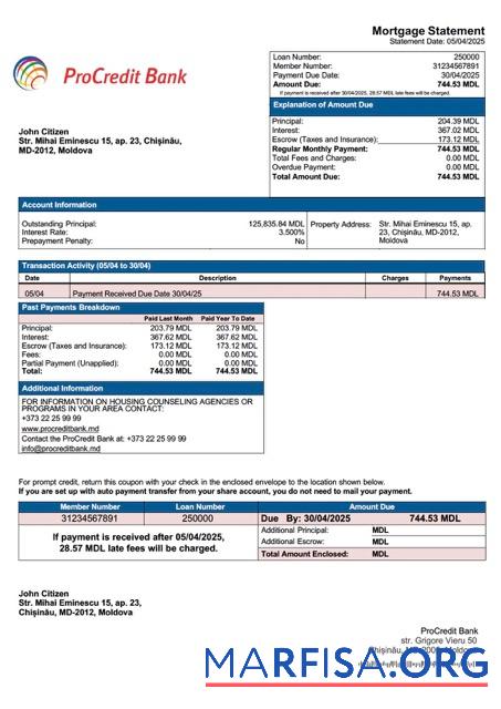 Hohe Qualität Moldawien ProCredit Bank Hypothek Kontoauszug Word and PDF Vorlage