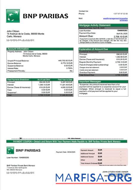 Realistisch Monaco BNP Paribas Private Bank Monaco Hypothek Kontoauszug Word and PDF Vorlage