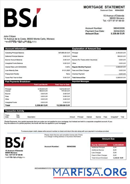 Hohe Qualität Monaco BSI Monaco Hypothek Kontoauszug Word and PDF Vorlage