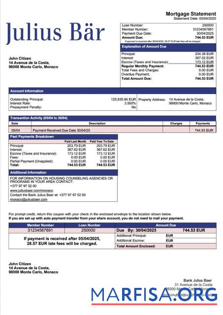 Realistisch Monaco Bank Julius Baer Hypothek Kontoauszug Word and PDF Vorlage