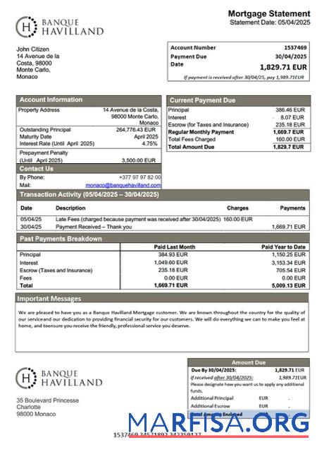 Bearbeitbar Monaco Banque Havilland Hypothek Kontoauszug Word and PDF Vorlage