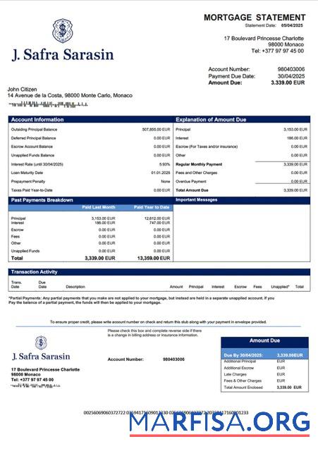 Bearbeitbar Monaco Banque J. Safra (Monaco) Hypothek Kontoauszug Word and PDF Vorlage