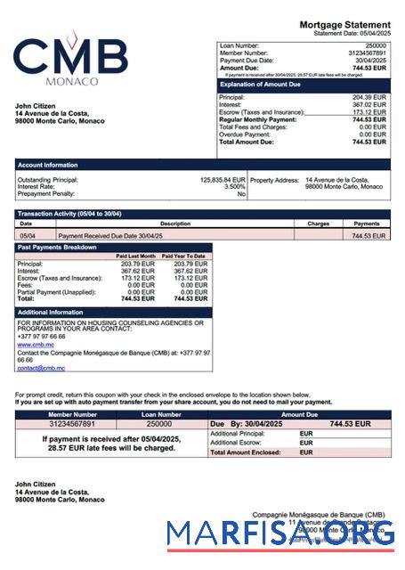 Premium Monaco Compagnie Mone╠ügasque de Banque (CMB) Hypothek Kontoauszug Word and PDF Vorlage