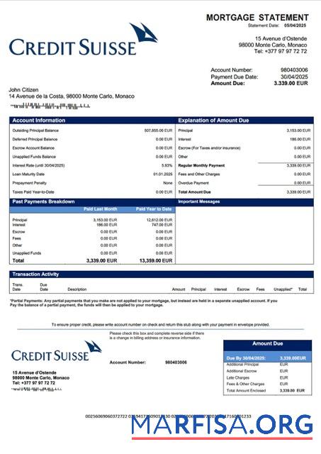 Bearbeitbar Monaco Kredit Suisse (Monaco) Hypothek Kontoauszug Word and PDF Vorlage