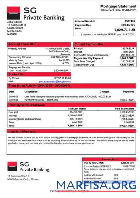 Premium Monaco SG Private Banking (Monaco) Hypothek Kontoauszug Word and PDF Vorlage