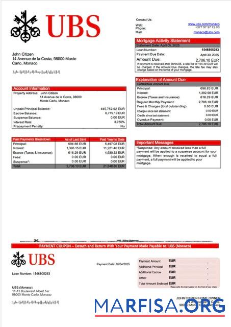 Realistisch Monaco UBS (Monaco) Hypothek Kontoauszug Word and PDF Vorlage
