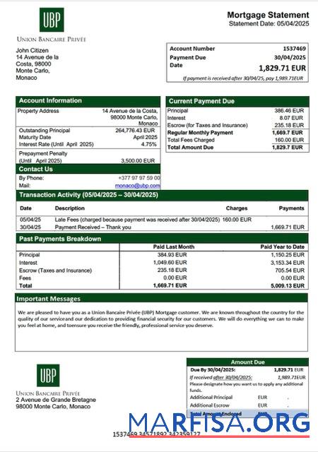 Hohe Qualität Monaco Union Bancaire Prive╠üe (UBP) Hypothek Kontoauszug Word and PDF Vorlage