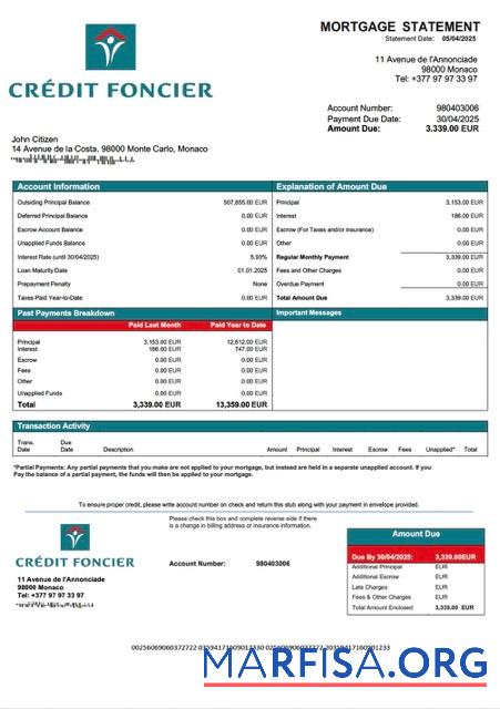 Hohe Qualität Monaco┬áKredit Foncier de Monaco┬áHypothek Kontoauszug Word and PDF Vorlage