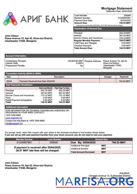 Premium Mongolei Arig Bank Hypothek Kontoauszug Word and PDF Vorlage