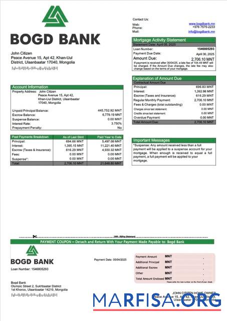 Bearbeitbar Mongolei Bogd Bank Hypothek Kontoauszug Word and PDF Vorlage