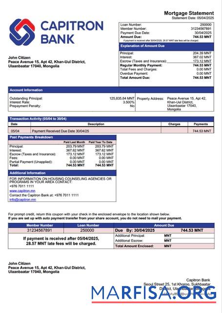 Bearbeitbar Mongolei Capitron Bank Hypothek Kontoauszug Word and PDF Vorlage