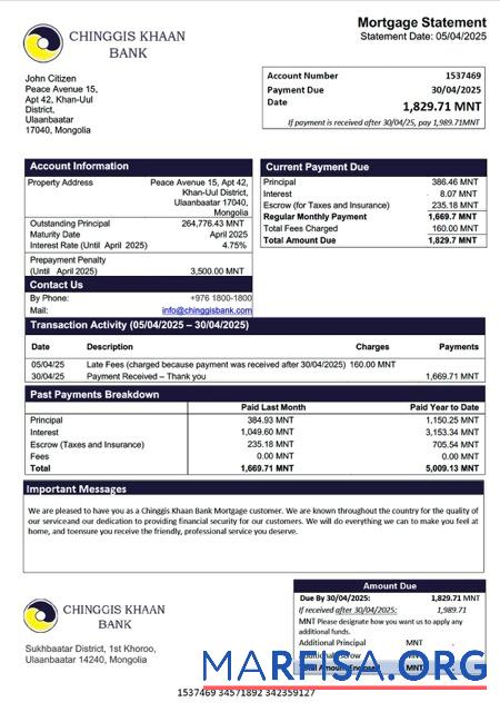 Hohe Qualität Mongolei Chinggis Khaan Bank Hypothek Kontoauszug Word and PDF Vorlage