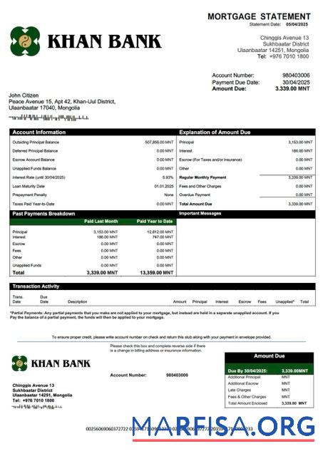 Realistisch Mongolei Khan Bank┬áHypothek Kontoauszug Word and PDF Vorlage