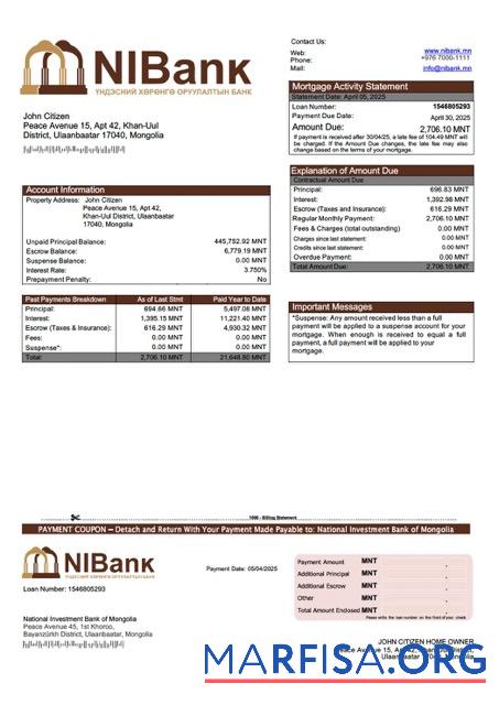 Realistisch Mongolei National Investition Bank of Mongolei Hypothek Kontoauszug Word and PDF Vorlage