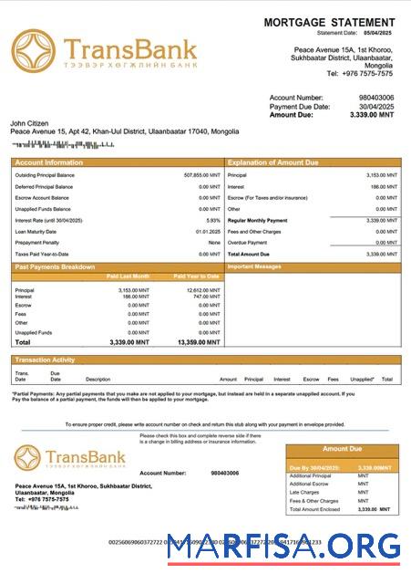 Bearbeitbar Mongolei Trans Bank Hypothek Kontoauszug Word and PDF Vorlage