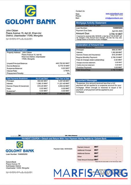 Bearbeitbar Mongolei┬áGolomt Bank Hypothek Kontoauszug Word and PDF Vorlage