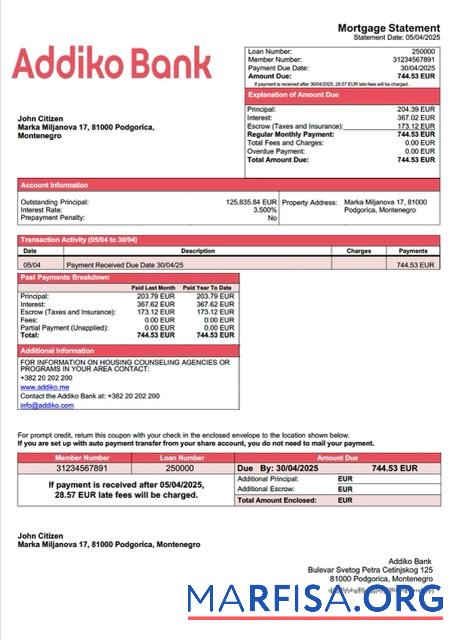 Realistisch Montenegro Addiko Bank Hypothek Kontoauszug Word and PDF Vorlage