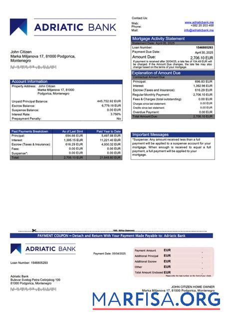 Realistisch Montenegro Adriatic Bank Hypothek Kontoauszug Word and PDF Vorlage