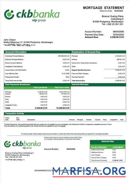 Premium Montenegro Crnogorska komercijalna banka Hypothek Kontoauszug Word and PDF Vorlage