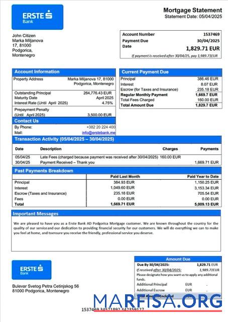 Realistisch Montenegro Erste Bank AD Podgorica Hypothek Kontoauszug Word and PDF Vorlage