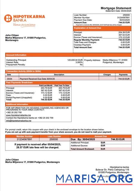 Premium Montenegro Hipotekarna banka Hypothek Kontoauszug Word and PDF Vorlage